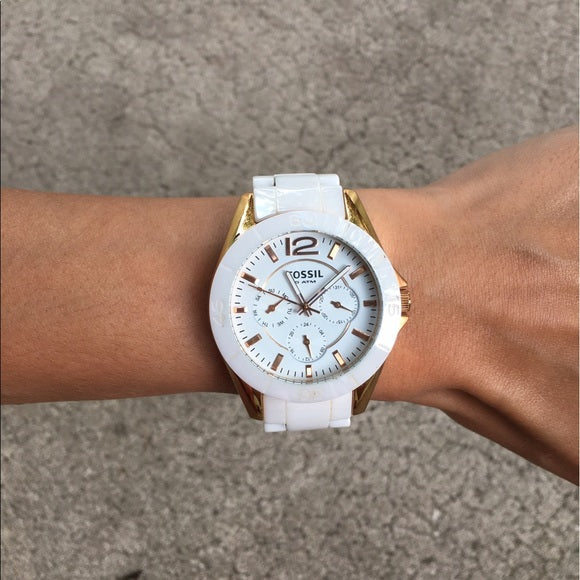 Fossil Ceramic Multifunction White Dial White Steel Strap Watch for Women - CE1006 Watches Fossil   