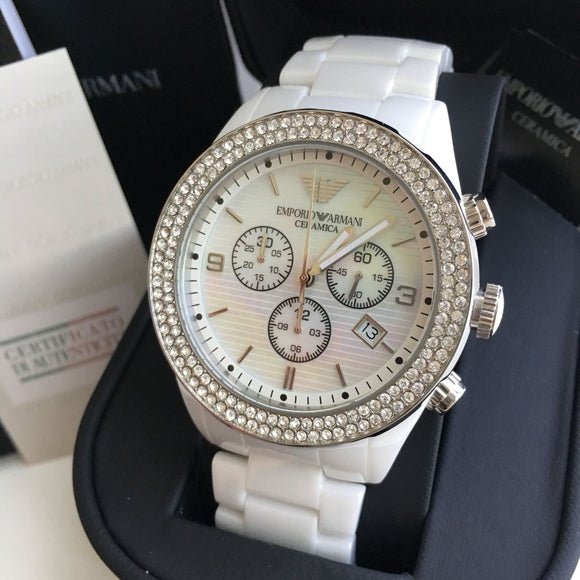 Emporio Armani Ceramica Chronograph White Dial White Ceramic Strap Watch For Women - AR1456 Watches Emporio Armani   