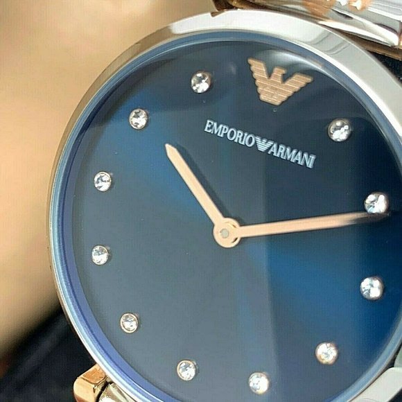 Emporio Armani Gianni T Bar Analog Blue Dial Black Leather Strap Watch For Women - AR1989 Watches Emporio Armani   