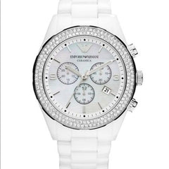 Emporio Armani Ceramica Chronograph White Dial White Ceramic Strap Watch For Women - AR1456 Watches Emporio Armani   