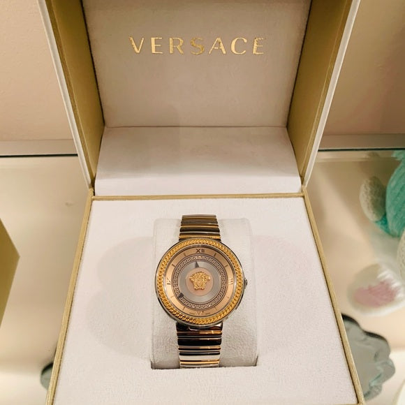 Versace V Metal Icon Gold Dial Brown Strap Watch for Women - VLC130016 Watches Versace   