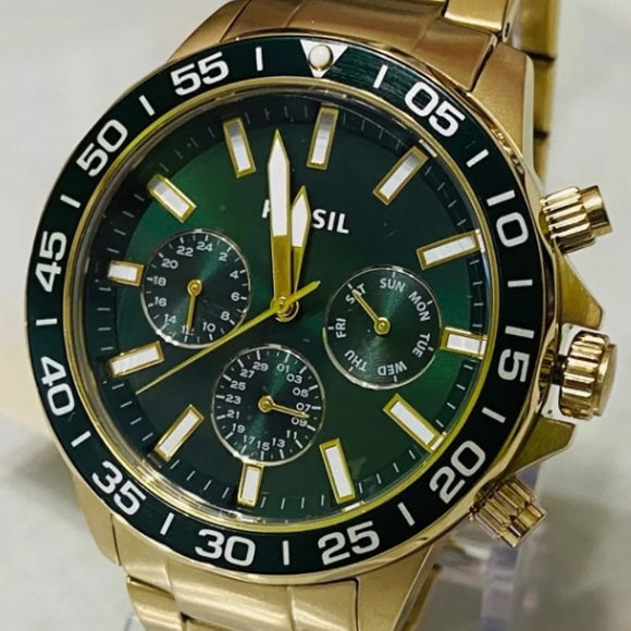 Fossil Bannon Multifunction Chronograph Green Dial Gold Steel Strap Watch for Men - BQ2493 Watches Fossil   