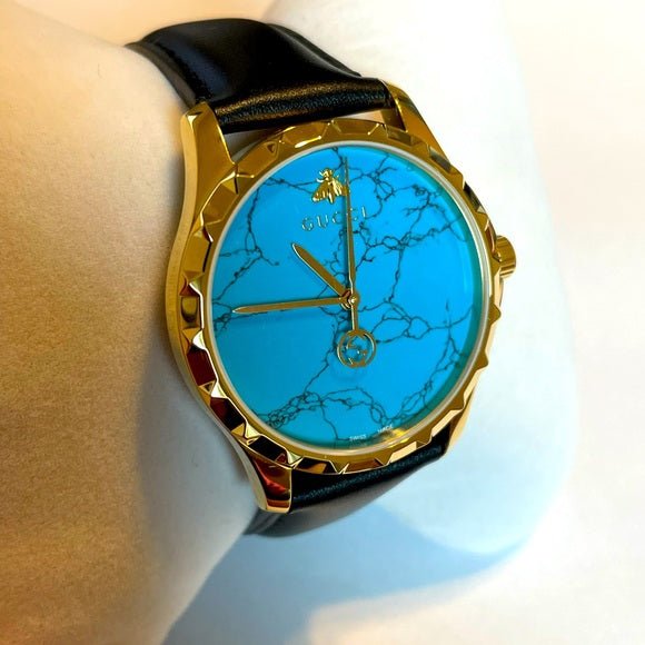 Gucci G Timeless Turquoise Blue Dial Black Leather Strap Watch For Men - YA126462 Watches Gucci   