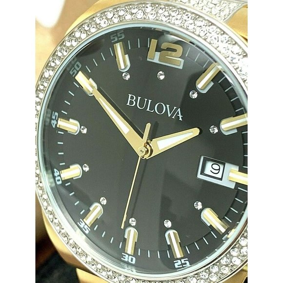 Bulova Crystal Black Dial Two Tone Steel Strap Watch for Men - 98B235 Watches Bulova   