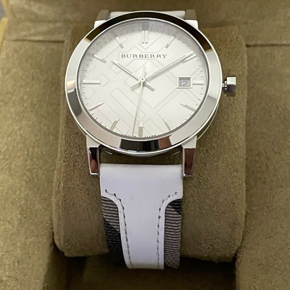 Burberry The City Silver Dial White Leather Strap Watch for Women - BU9019 Watches Burberry   