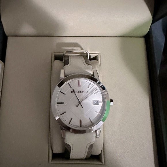 Burberry The City Silver Dial White Leather Strap Watch for Women - BU9019 Watches Burberry   