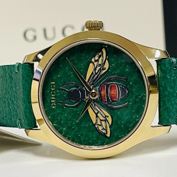 Gucci G Timeless Bee Green Dial Green Leather Strap Watch For Women - YA1264065 Watches Gucci   