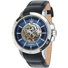 Maserati Ingegno Automatic Blue Skeleton Dial Black Leather Strap Watch For Men - R8821119004 Watches Maserati   