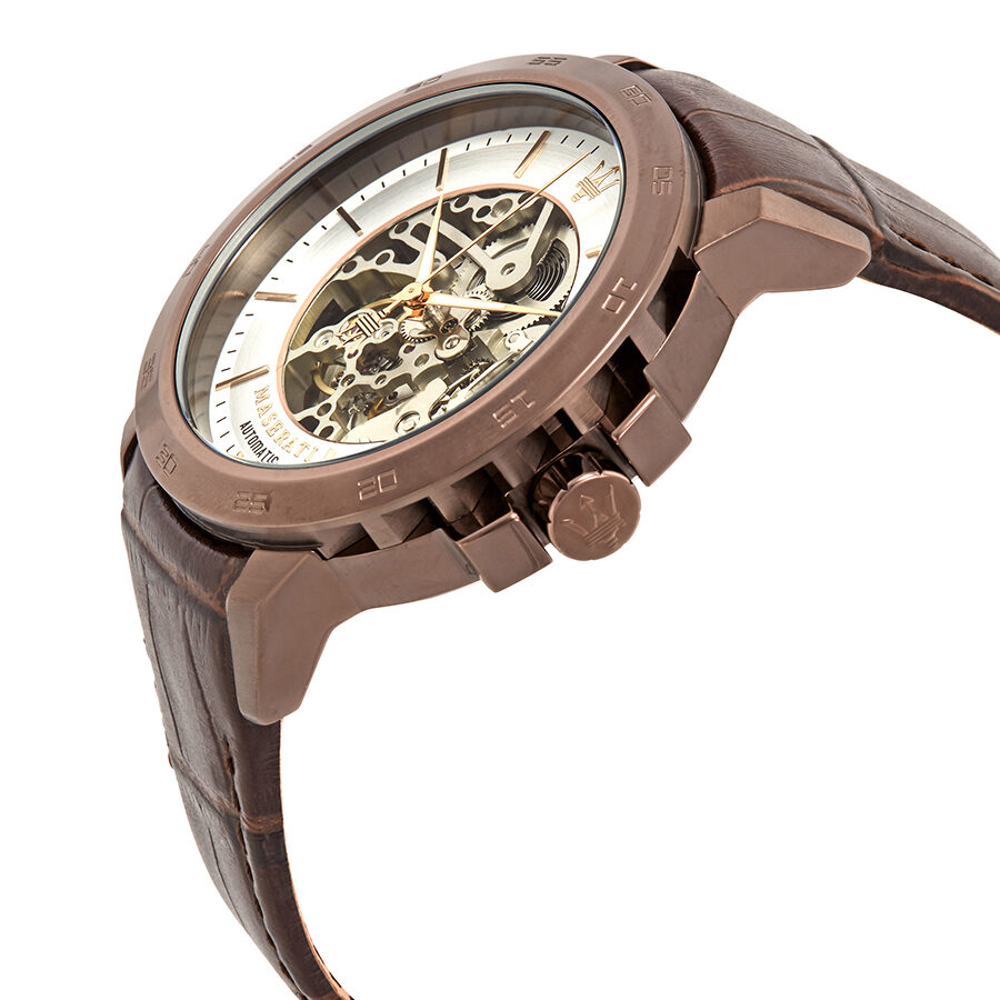 Maserati Ingegno Automatic White Skeleton Dial Brown Leather Strap Watch For Men - R8821119003 Watches Maserati   