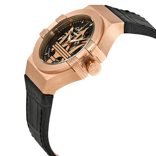 Maserati Potenza Automatic Rose Gold Dial Black Leather Strap Watch For Men - R8821108002 Watches Maserati   