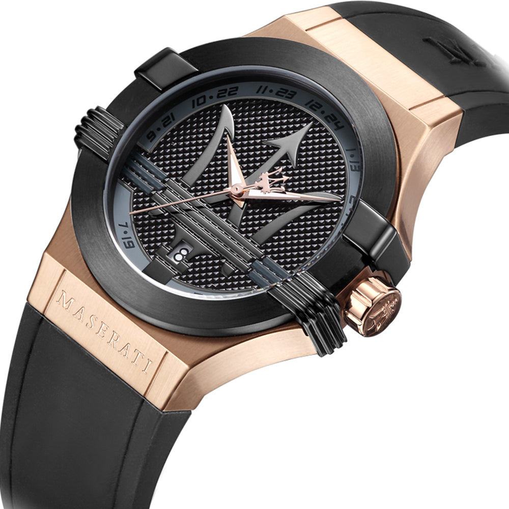 Maserati Potenza Black & Rose Gold Dial Black Rubber Strap Watch For Men - R8851108002 Watches Maserati   