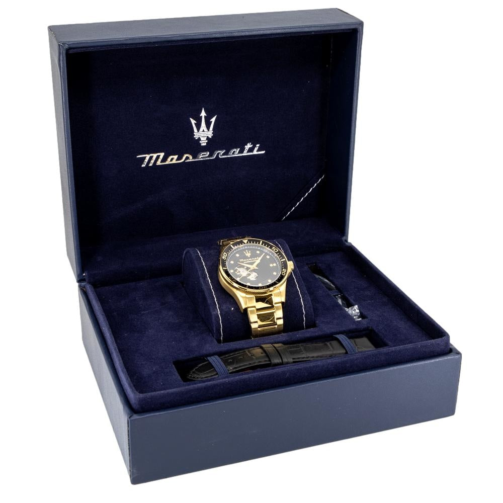 Maserati SFIDA Black Dial Yellow Gold Toned Stainless Steel Watch For Men - R8823140003 Watches Maserati   