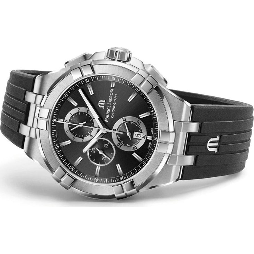 Maurice Lacroix Aikon Chronograph Black Dial Black Leather Strap Watch for Men - AI1018-SS001-330-2 Watches Maurice Lacroix   