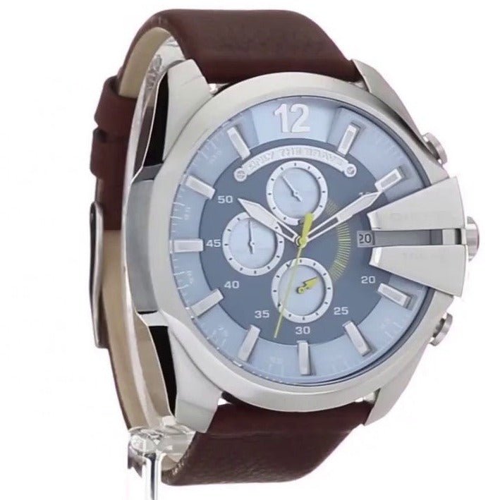 Diesel Mega Chief Light Blue Dial Brown Leather Strap Watch For Men - DZ4281 Watches Diesel   