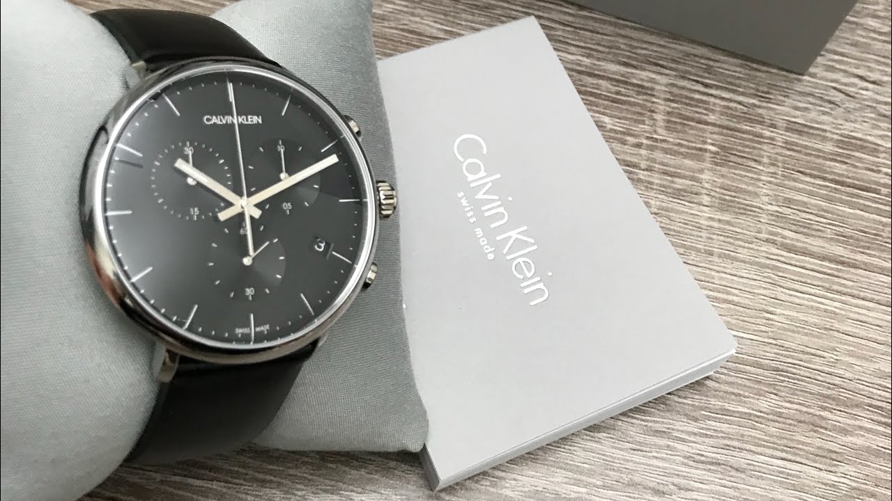 Calvin Klein High Noon Chronograph Black Dial Black Leather Strap Watch for Men - K8M271C1 Watches Calvin Klein   