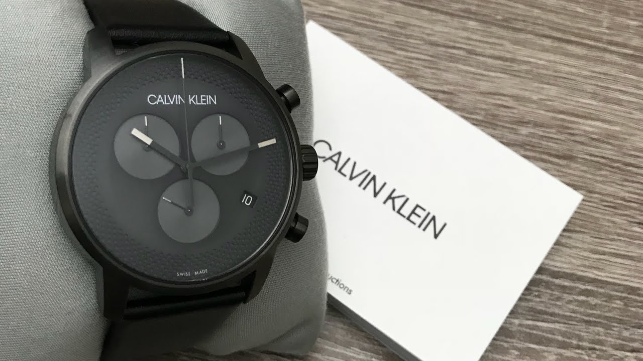 Calvin Klein City Chronograph Grey Dial Black Leather Strap Watch for Men - K2G177C3 Watches Calvin Klein   