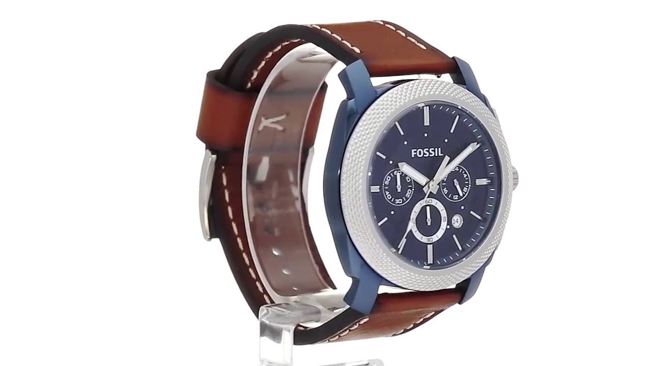 Fossil Machine Chronograph Blue Dial Brown Leather Strap Watch for Men - FS5232 Watches Fossil   