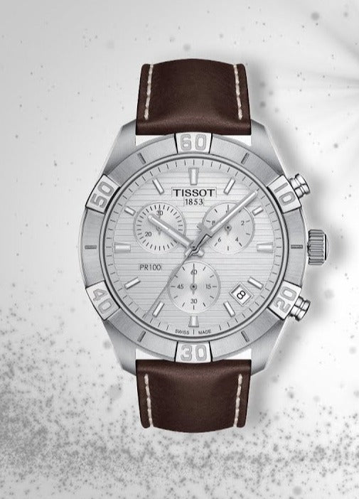 Tissot PR 100 Sport Quartz Chronograph Silver Dial Brown Leather Strap Watch For Men - T101.617.16.031.00 Watches Tissot   