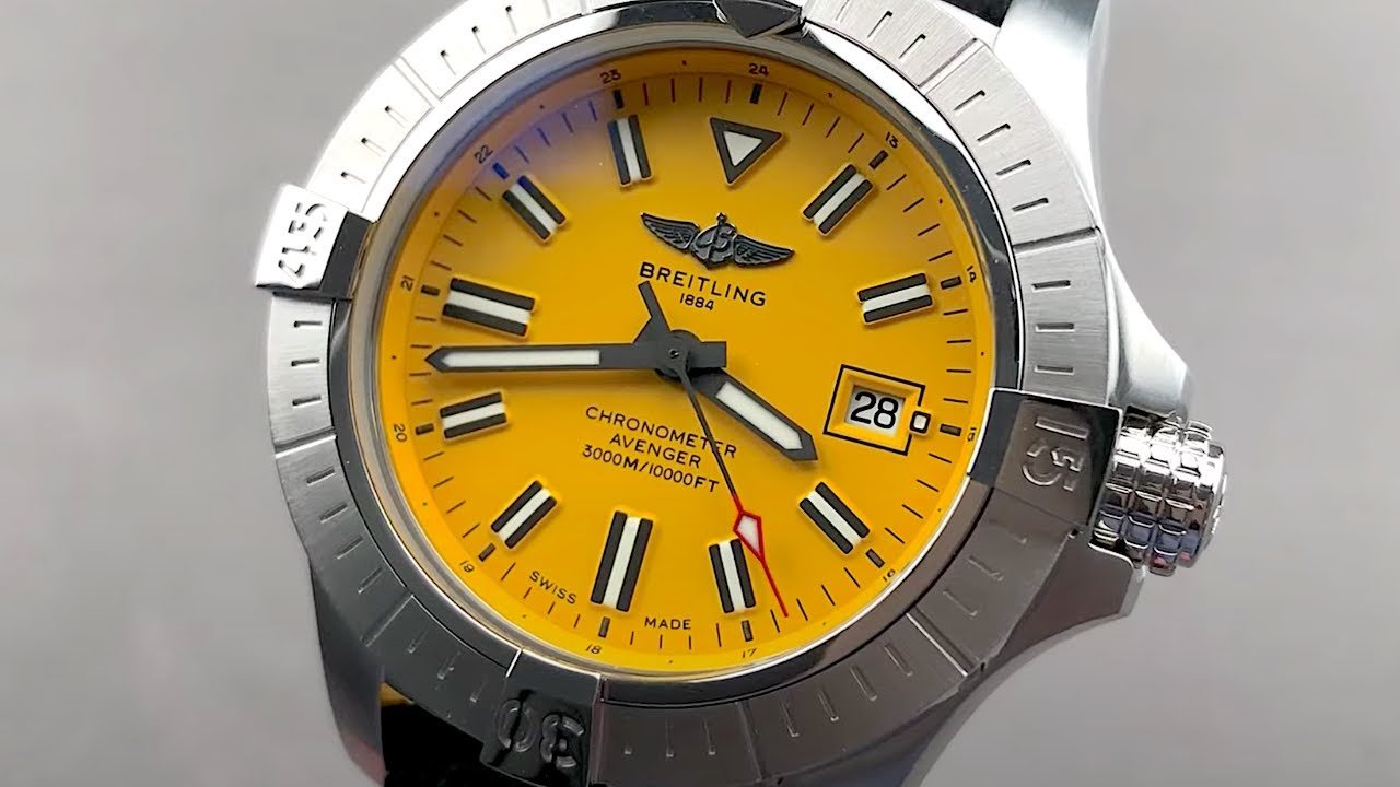 Breitling Avenger Automatic 45mm Seawolf Yellow Dial Silver Steel Strap Strap Watch for Men - A17319101/1A1 Watches Breitling   