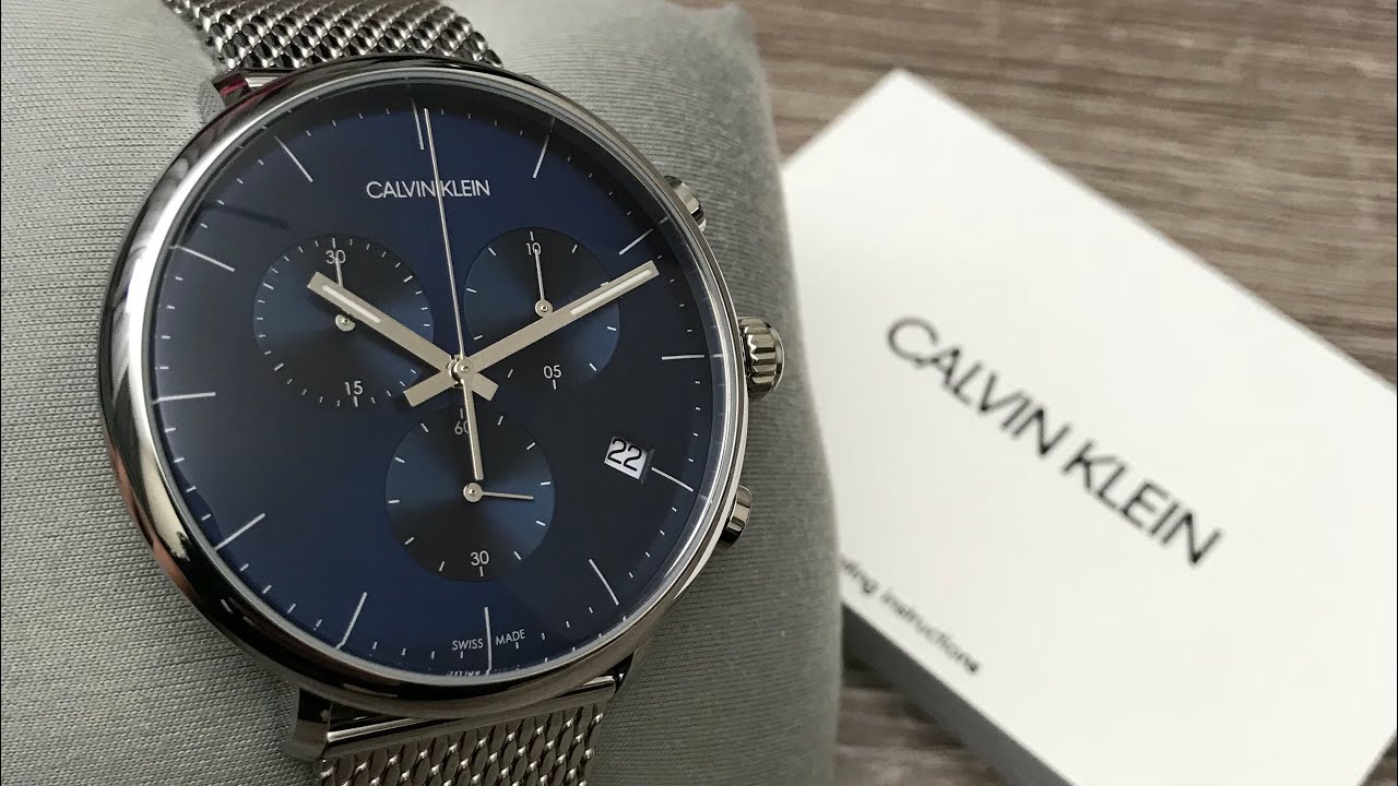 Calvin Klein High Noon Chronograph Blue Dial Silver Mesh Bracelet Watch for Men - K8M2712N Watches Calvin Klein   