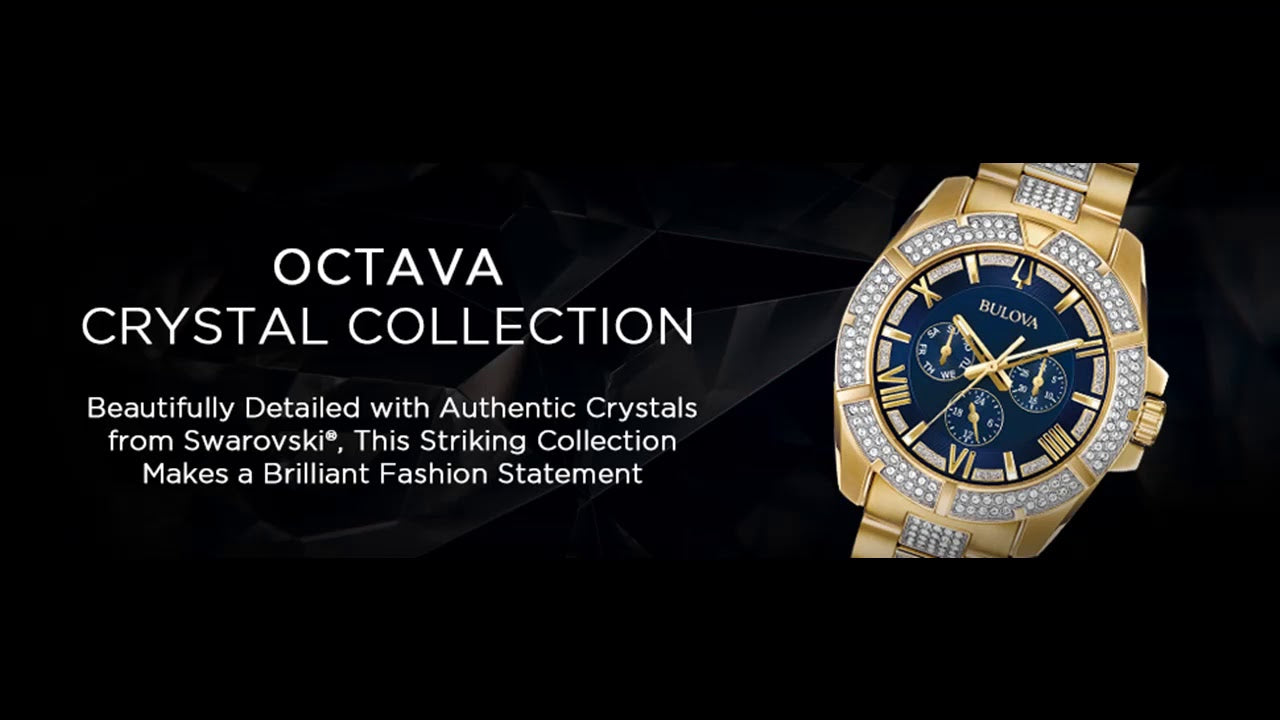 Bulova Crystal Collection Blue Dial Gold Steel Strap Watch for Men - 98C128 Watches Bulova   