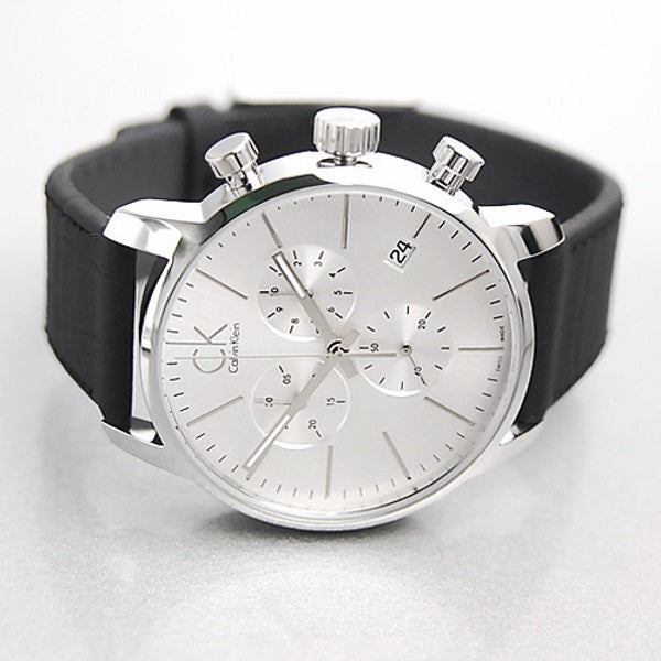 Calvin Klein City Chronograph Silver Dial Black Leather Strap Watch for Men - K2G271C6 Watches Calvin Klein   