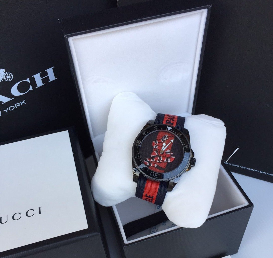 Gucci Dive Blue & Red Dial Blue & Red Nylon Strap Watch For Men - YA136214 Watches Gucci   