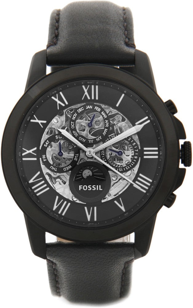 Fossil Grant Automatic Black Dial Black Leather Strap Watch for Men - ME3028 Watches Fossil   