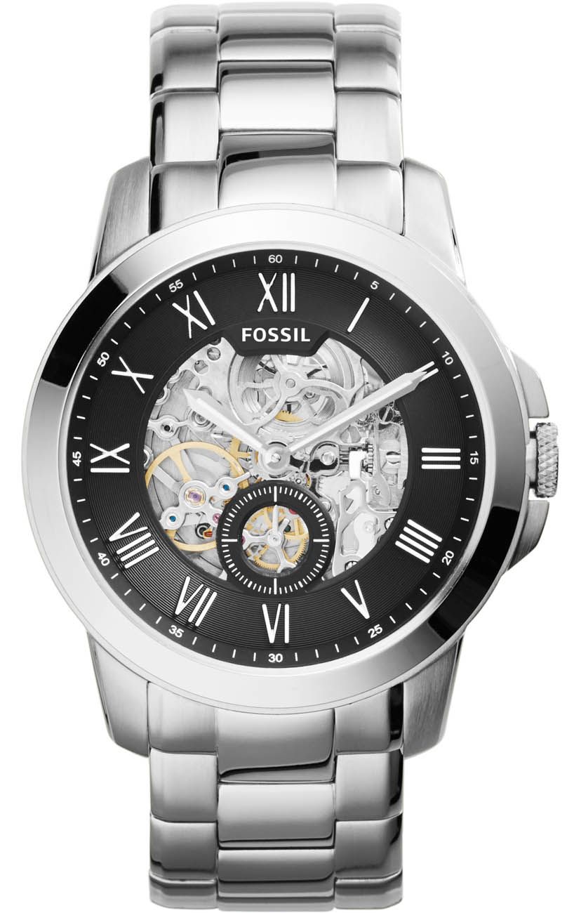 Fossil Grant Skeleton Black Dial Silver Steel Strap Watch for Men - ME3055 Watches Fossil   