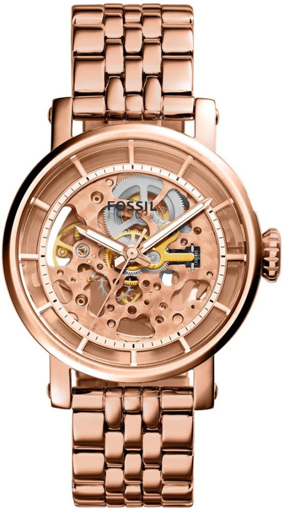 Fossil Boyfriend Automatic Skeleton Rose Gold Dial Rose Gold Steel Strap Watch for Women - ME3065 Watches Fossil   