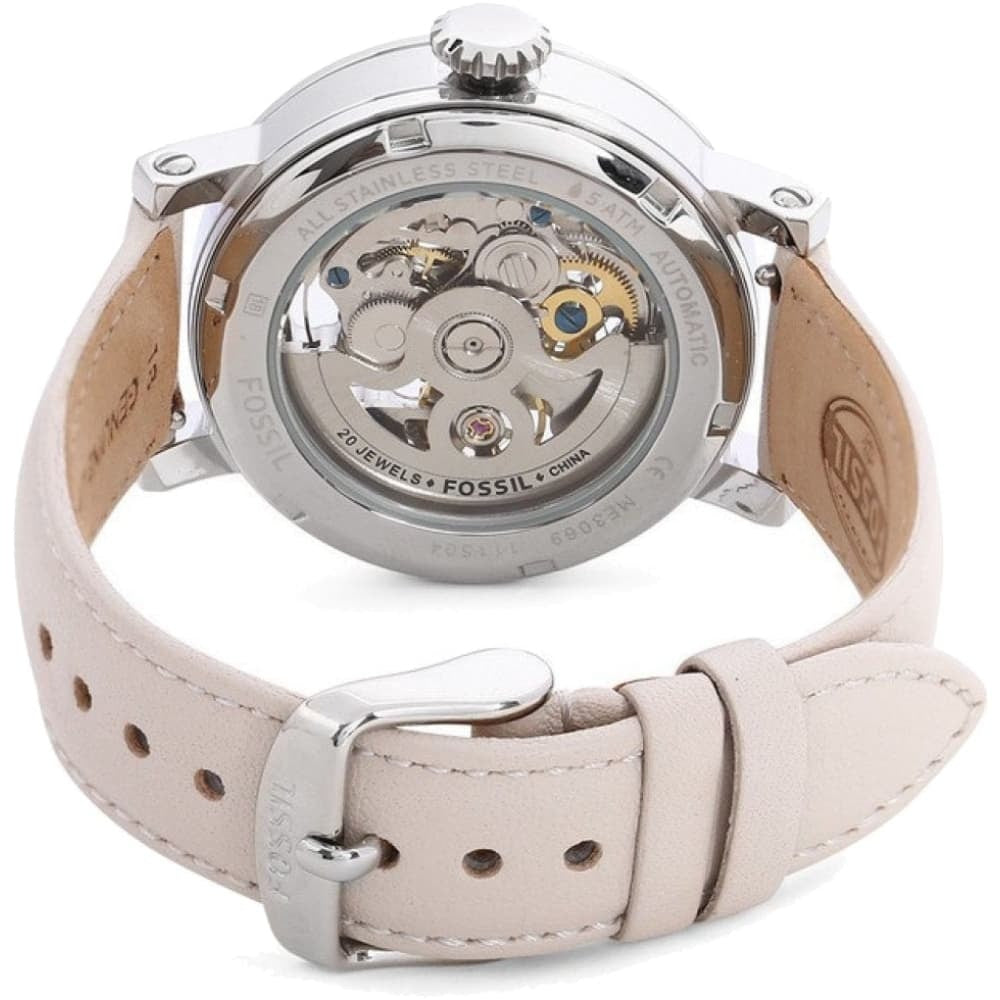 Fossil Boyfriend Automatic Skeleton Silver Dial White Leather Strap Watch for Women - ME3069 Watches Fossil   