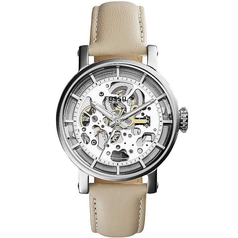 Fossil Boyfriend Automatic Skeleton Silver Dial White Leather Strap Watch for Women - ME3069 Watches Fossil   