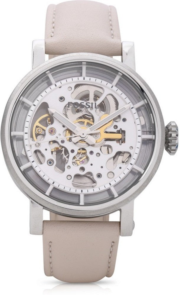 Fossil Boyfriend Automatic Skeleton Silver Dial White Leather Strap Watch for Women - ME3069 Watches Fossil   