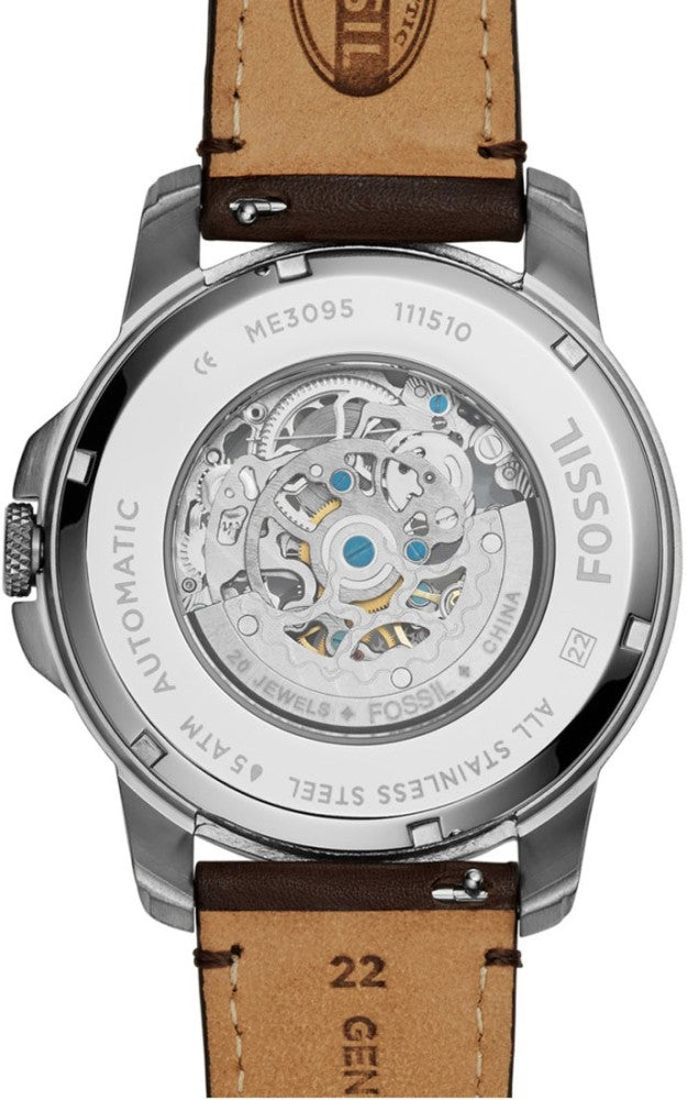 Fossil Grant Automatic Skeleton Black Dial Brown Leather Strap Watch for Men - ME3095 Watches Fossil   