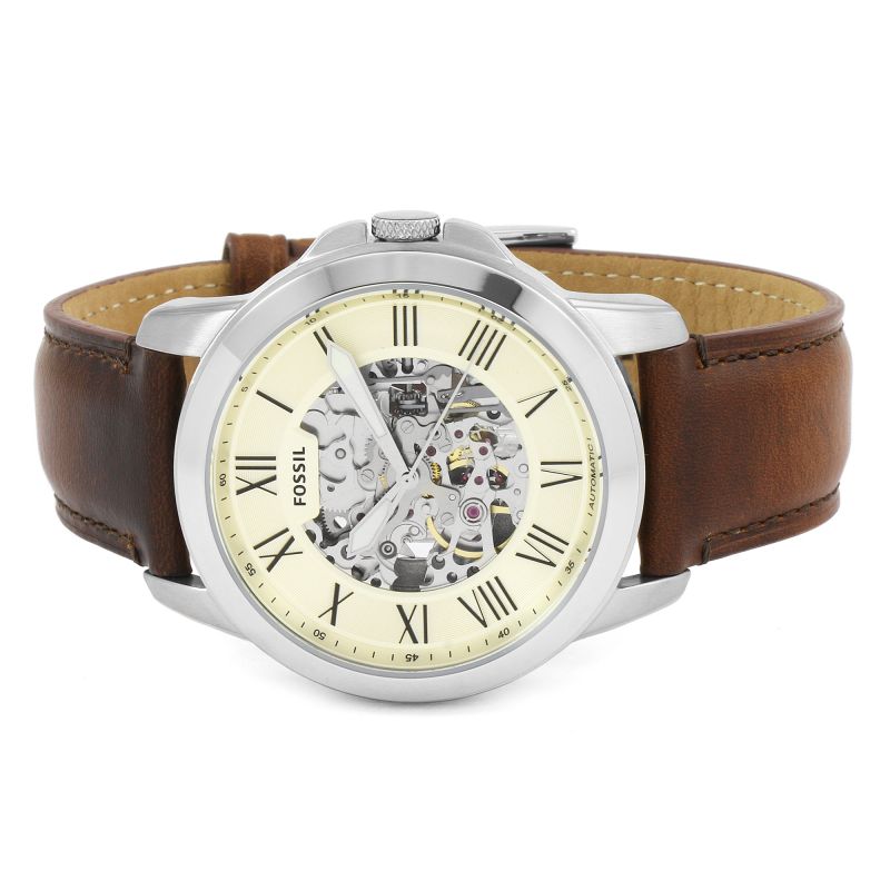 Fossil Grant Automatic Beige Skeleton Dial Brown Leather Strap Watch for Men - ME3099 Watches Fossil   