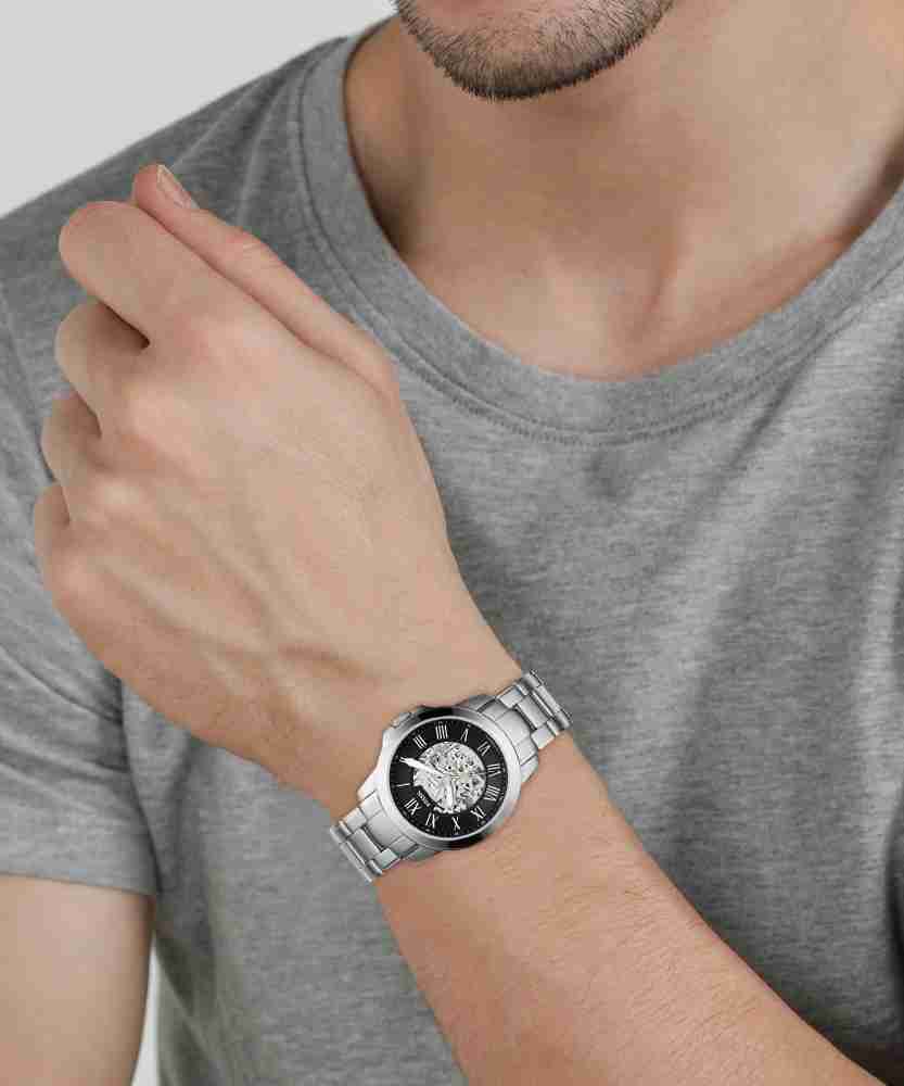 Fossil Grant Automatic Skeleton Black Dial Silver Steel Strap Watch for Men - ME3103 Watches Fossil   