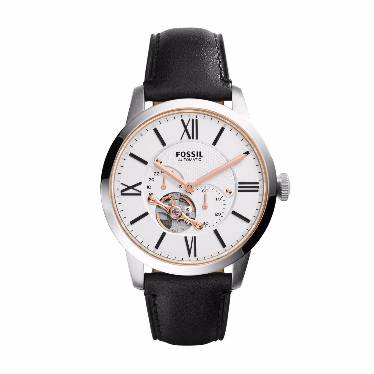 Fossil Townsman Automatic White Dial Black Leather Strap Watch for Men - ME3104 Watches Fossil   