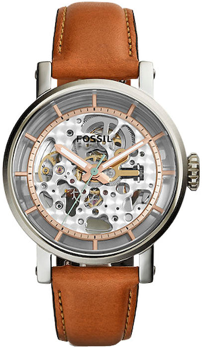 Fossil Boyfriend Automatic Skeleton Silver Dial Brown Leather Strap Watch for Women - ME3109 Watches Fossil   