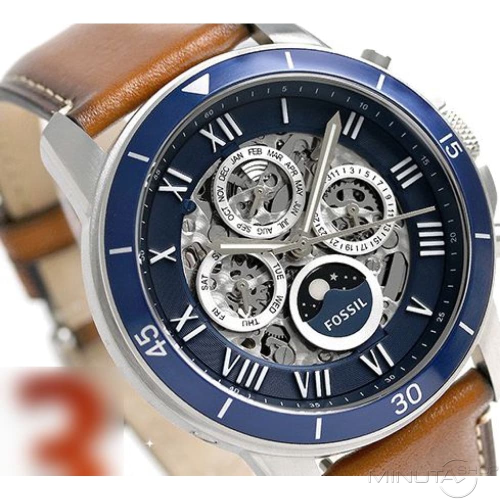 Fossil Grant Sport Automatic Skeleton Blue Dial Brown Leather Strap Watch for Men - ME3140 Watches Fossil   