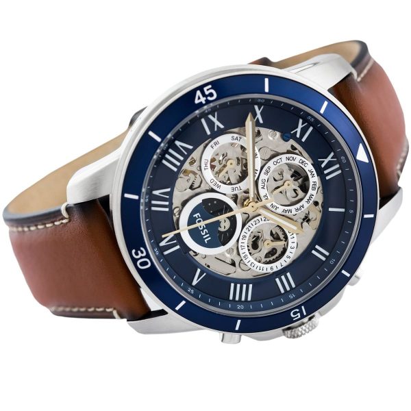 Fossil Grant Sport Automatic Skeleton Blue Dial Brown Leather Strap Watch for Men - ME3140 Watches Fossil   