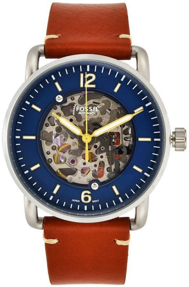 Fossil Commuter Automatic Skeleton Blue Dial Brown Leather Strap Watch for Men - ME3159 Watches Fossil   