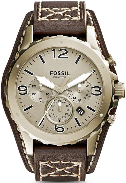 Fossil Nate Chronograph Gold Dial Brown Leather Strap Watch for Men - JR1495 Watches Fossil   