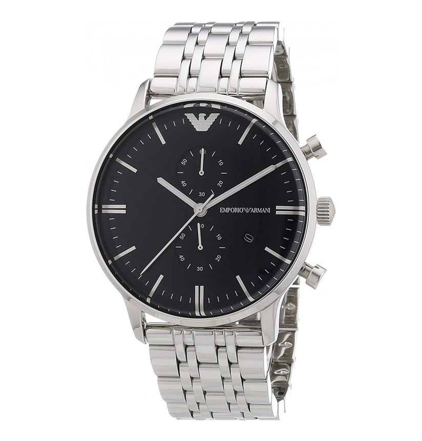 Emporio Armani Chronograph Black Dial Silver Stainless Steel Watch For Men - AR0389 Watches Emporio Armani   