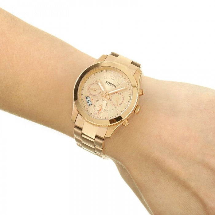 Fossil Boyfriend Multifunction Rose Gold Dial Rose Gold Steel Strap Watch for Women - ES3885 Watches Fossil   