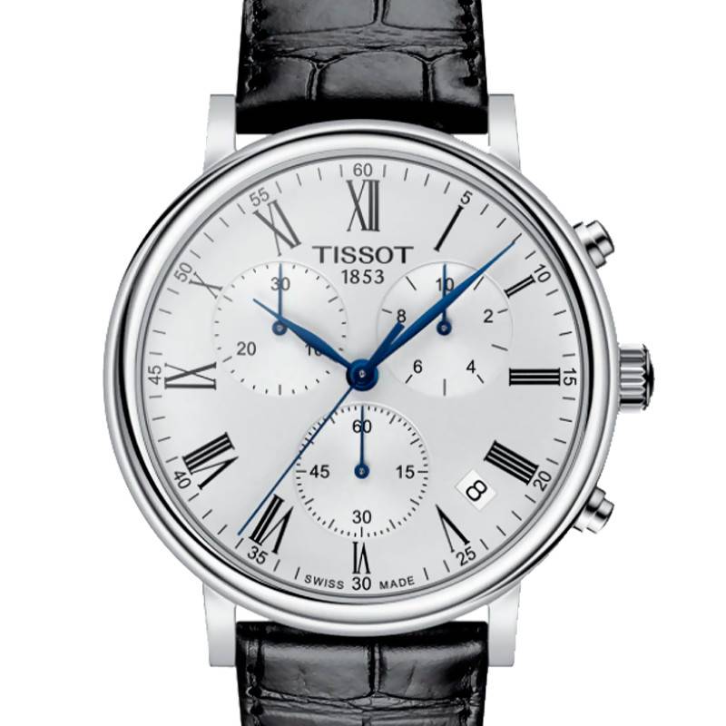 Tissot Carson Premium Chronograph White Dial Black Leather Strap Watch For Men - T122.417.16.033.00 Watches Tissot   