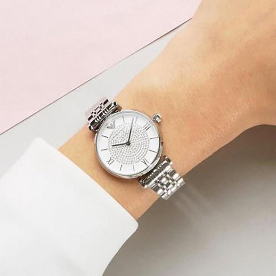 Emporio Armani Gianni T Bar White Crystal Pave Dial Silver Stainless Steel Strap Watch For Women - AR1925 Watches Emporio Armani   