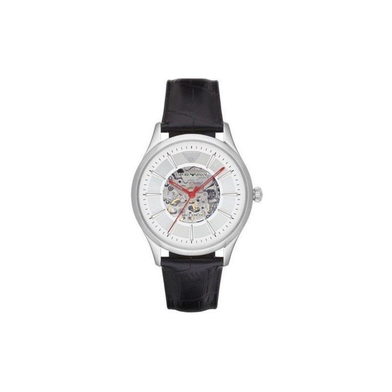 Emporio Armani Meccanico Silver Skeleton Dial Black Leather Strap Watch For Men - AR2072 Watches Emporio Armani   