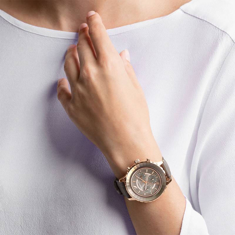Swarovski Octea Lux Chrono Grey Dial Grey Leather Strap Watch for Women - 5452495 Watches Swarovski   