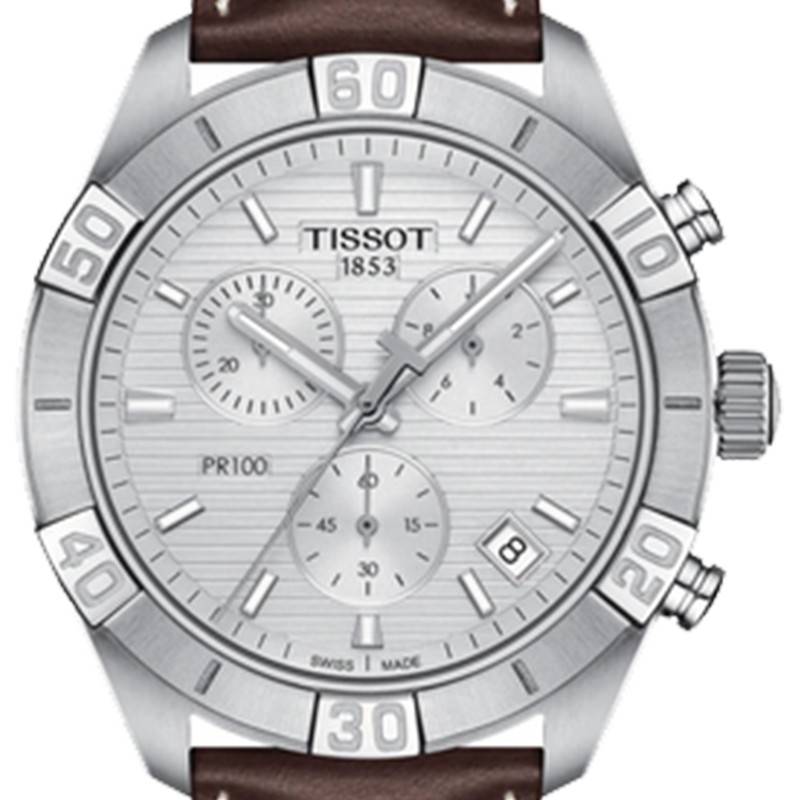 Tissot PR 100 Sport Quartz Chronograph Silver Dial Brown Leather Strap Watch For Men - T101.617.16.031.00 Watches Tissot   