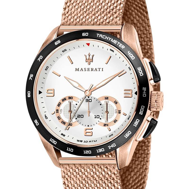 Maserati Traguardo 45mm Chronograph Rose Gold Mesh Strap White Dial Watch For Men - R8873612011 Watches Maserati   